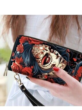 Day of the Dead Floral Double Zip Wallet - Black & Red